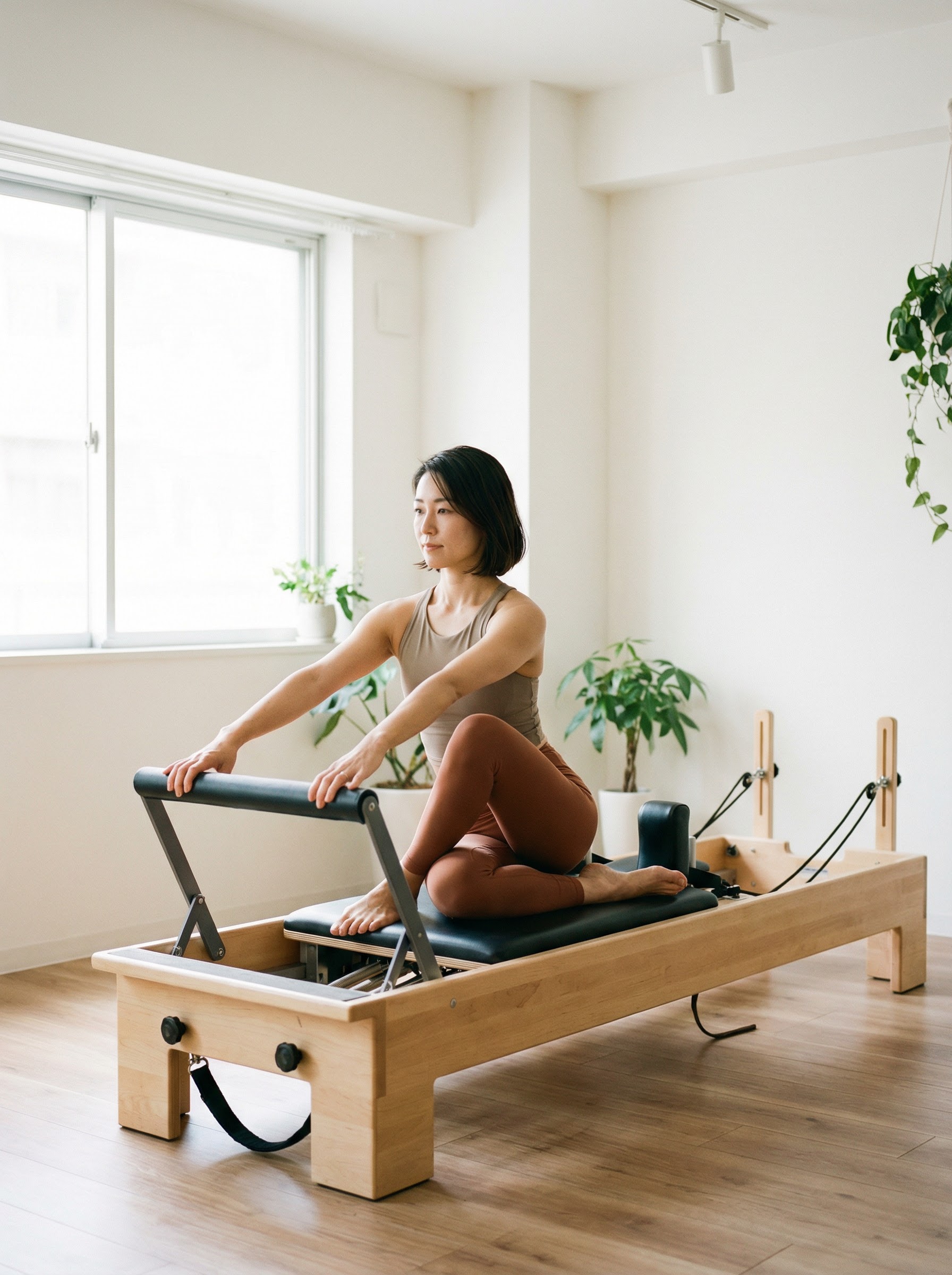 日本人女性がリフォーマーでピラティスをしている様子
